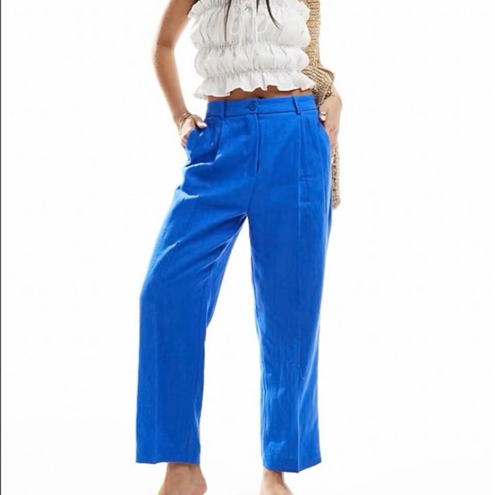 Mango 100% Linen Blue Elastic Back Slim Crop Pants Women US 4 EU 36